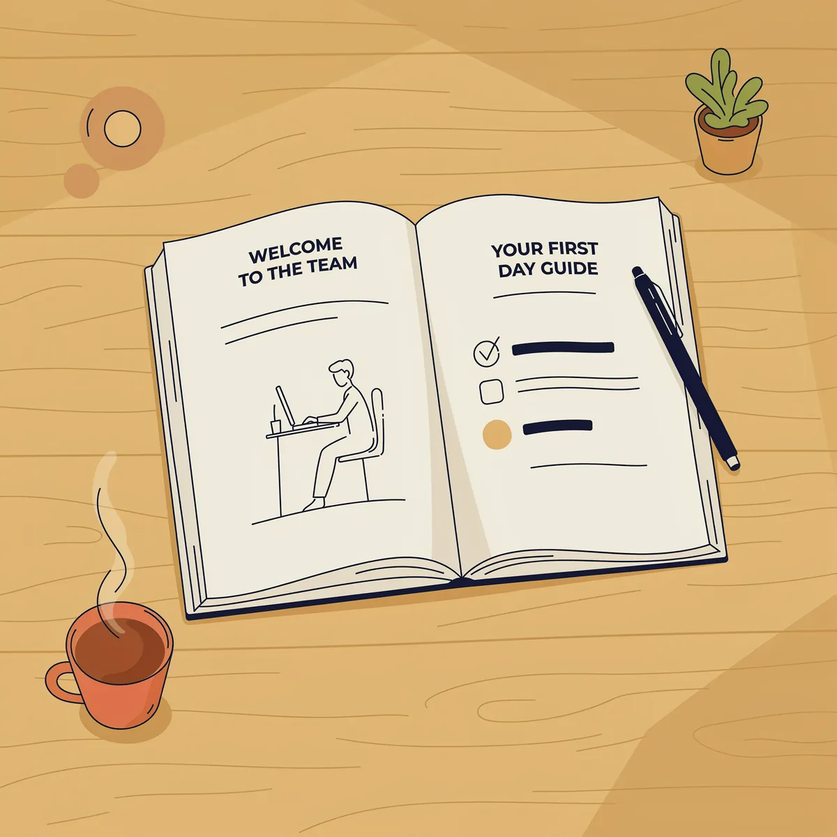 An open welcome-to-the-team first day guide on a desk